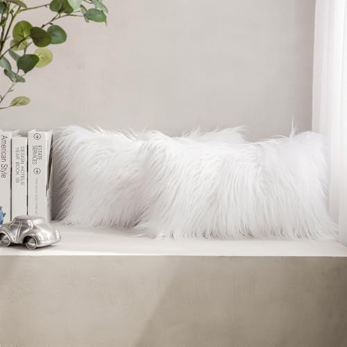 Phantoscope Pack of 2 Faux Fur Solid Throw Decorative Pillow Cover Cushion Covers Luxury Soft Decorative Pillowcase Fuzzy Pillow Covers for Bed/Couch,White 12 x 20 Inches
