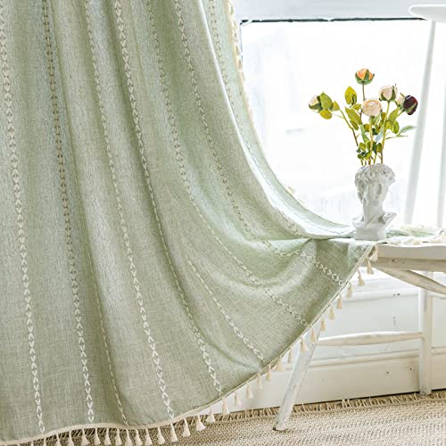 "Sage Green Boho Farmhouse Curtains for Bedroom & Living Room - 84 Inch Long, 2 Panel Cotton Linen Window Curtains with Bohemian Tassel Drapes, 55"" W x 84"" L"