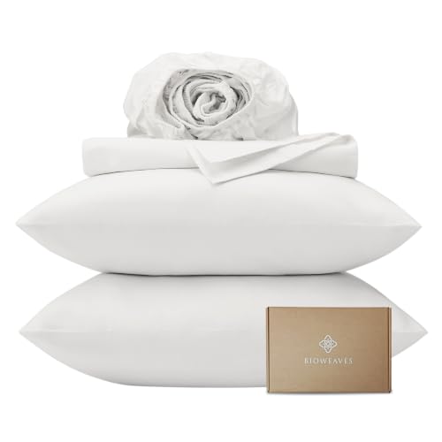 "BIOWEAVES 100% Organic Cotton Sheets, 300 Thread Count 4-Piece GOTS Certified Bed Sheet Set Fits Mattress Upto 17"" Deep Pocket, Soft & Silky Sateen Weave (California King, White)"