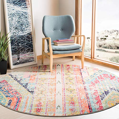 Safavieh Boho Rug for Living Room, Dining Room, Bedroom - Madison Collection, Short Pile, in Blue and Orange, 152 X 152 cm
