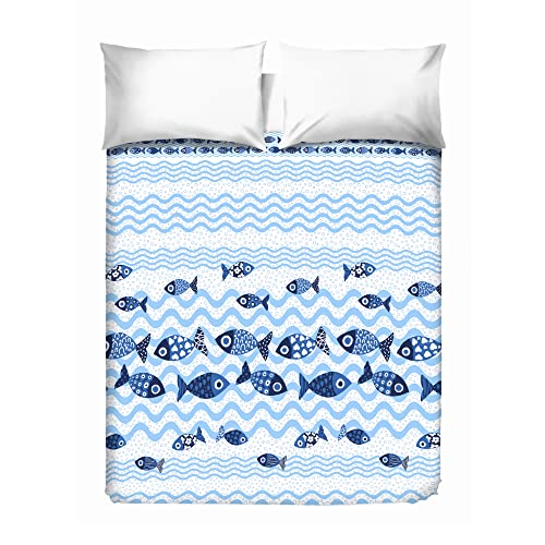 PENSIERI DELICATI Double Bedspread 260 x 280 cm, Single Sheet 100% Cotton Pique, Ideal as a Furniture Cover, 2 Squares Bed Cover, Blue Fish Pattern, 100% Made in Italy