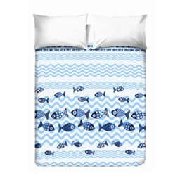 PENSIERI DELICATI Double Bedspread 260 x 280 cm, Single Sheet 100% Cotton Pique, Ideal as a Furniture Cover, 2 Squares Bed Cover, Blue Fish Pattern, 100% Made in Italy