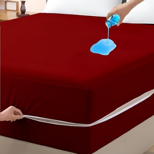Mattress Protector Twin XL Size ??? 100% Waterproof Zippered Cover, 15-Inches Deep, Six-Sided Mattress Encasement for Bed, Zipper Closure Style (Burgundy)