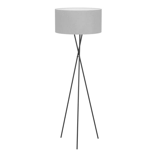 Eglo Tripod Floor lamp Fondachelli, Elegant Standing Light Made of Black Metal and Grey Fabric, Living Room Lighting, floorlamp with Switch, E27 Socket
