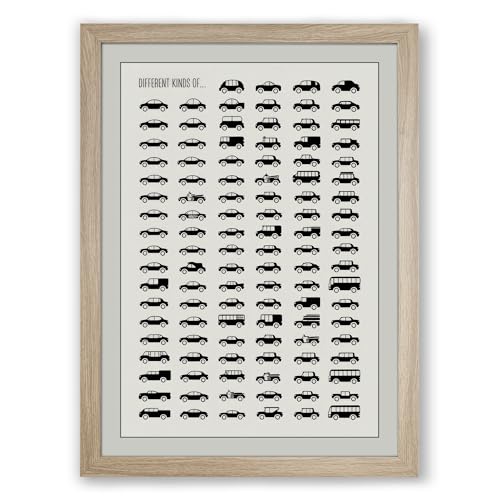 Modern Cars Reference Chart Graphic Design Framed Wall Art Print A4 (29.7×21cm) Oak, Wall Decor for Living Room, Bedroom, Office & Home, Ready to Hang, Art Gift