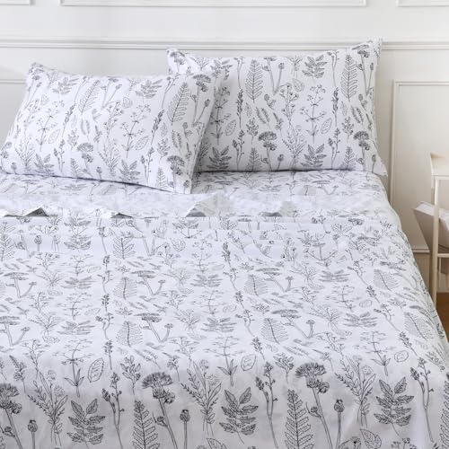 "Homilay 100% Organic Cotton Percale Sheets Set,King Size 4 PC, Breathable&Durable Hotel Quality Bedding, 16"" Deep Pocket Botanical Floral Bedsheets,White"