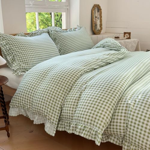 NSNLGSGC Sage Green Gingham Ruffle Queen Duvet Cover - Soft Breathable Pre-Washed Microfiber Checked Plaid Bedding Set
