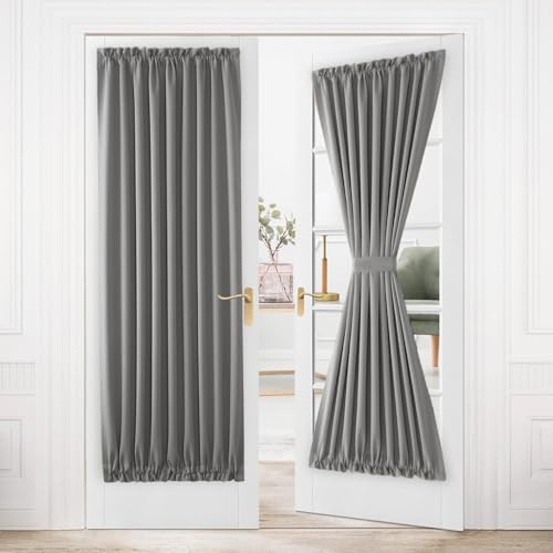 DWCN French Door Curtains – Rod Pocket Thermal Blackout Curtain for Doors with Glass Window, Kitchen and Patio Doors for Privacy, 36 X 80 Inches Long, 1 Curtain Panel with Tieback, Grey