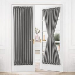 DWCN French Door Curtains – Rod Pocket Thermal Blackout Curtain for Doors with Glass Window, Kitchen and Patio Doors for Privacy, 36 X 80 Inches Long, 1 Curtain Panel with Tieback, Grey