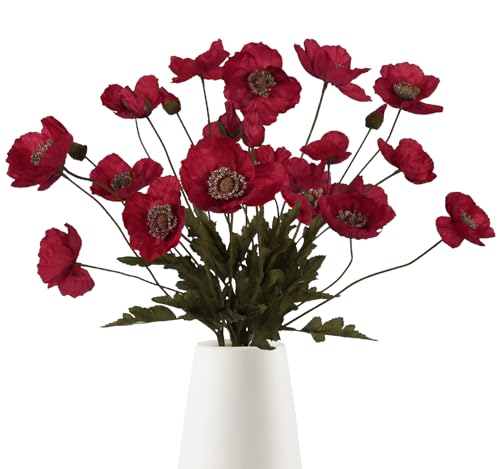 IPOPU Red Poppies Artificial Flowers 6 PCS Faux Silk Poppies Real Look - Artificial Poppy Flowers Silk Flower Arrangements for Wedding Centerpieces, Home Table, Bridal Shower Party Decorations