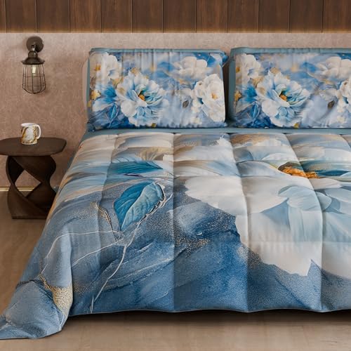 PETTI Artigiani Italiani - Winter Quilt, Winter Duvet, Double Sided Single Quilt Solid Colour and Digital Floral Print 25 13, 100% Microfibre, Made in Italy