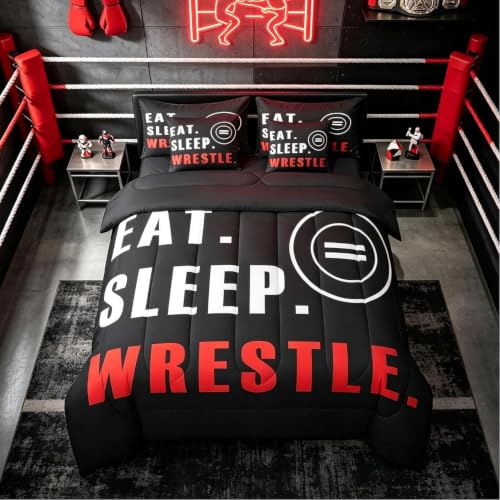 Feelyou Wrestle Comforter Set 7 Piece Full Size Sports Theme Bedding Set for Kids Boys Girls Teens Room Wrestling Decor Bed in A Bag Soft Boys Bed Set with Sheets, Pillowcases, Pillow Covers