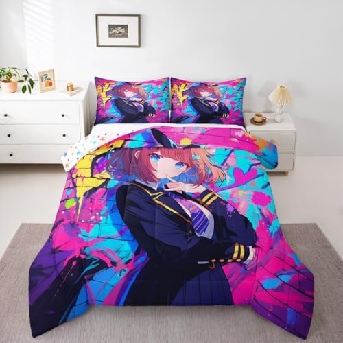 Erosebridal Girls Japanese Anime Comforter Set Full, Kawaii Anime Girl Bedding Set Cartoon Manga Girl Duvet Insert for Kids Teens Adult, Japanese Animation Sci Fi Style Quilt with 2 Pillow Cases