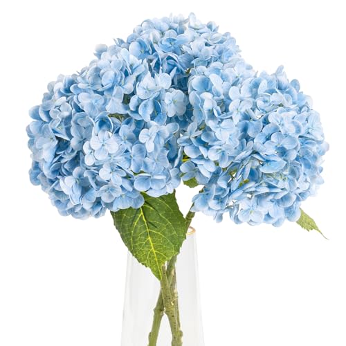 YOUNGLEAVES 3 Pcs Blue Hydrangea Flowers 21 inches Real Touch Hydrangea Artificial Flowers Latex Faux Hydrangea Fake Flowers for Home Outdoor Party Floral Arrangements Table Wedding Decor