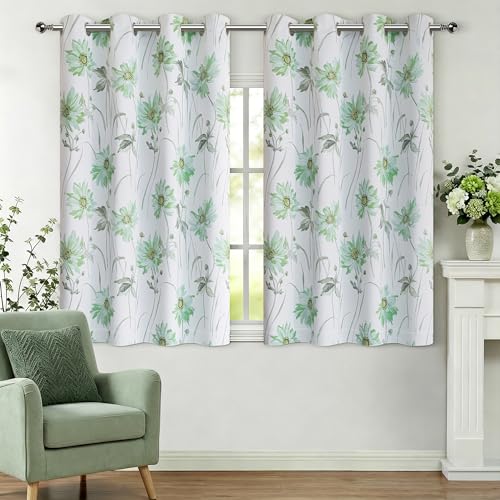 Vintage Sage Green Blackout Curtains 63 Inch Length - 100% Room Darkening Curtain Thermal Insulated Drapes 2 Panel Set Botanical Floral Window Curtains for Bedroom, Nursery & Living Room, Grommet