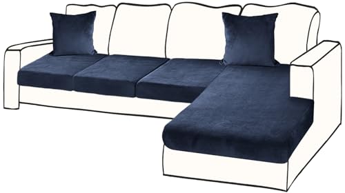 BT.WA Sectional Couch Covers for 4-Piece Seat Cushion Velvet Separate L Shape Couch Cover Stretch Sofa Slipcover with 2 Pieces Pillowcases Furniture Protector (Sofa 3 Seater + 1 Chaise, Navy)