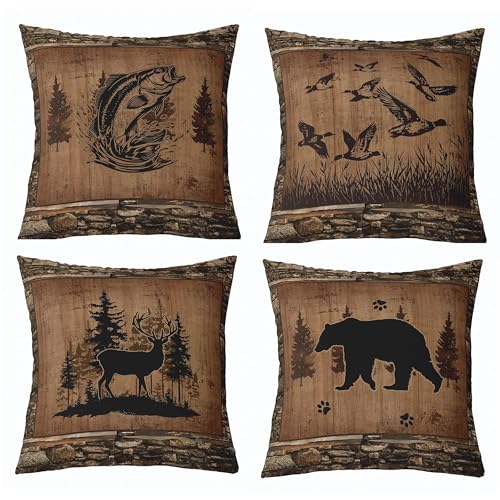 "Feelyou Bear Throw Pillow Covers 20""x20"" Set of 4 Soft Rustic Deer Cushion Case Fish Decor Pillowcase Mallard Duck Black Brown Indoor Outdoor"