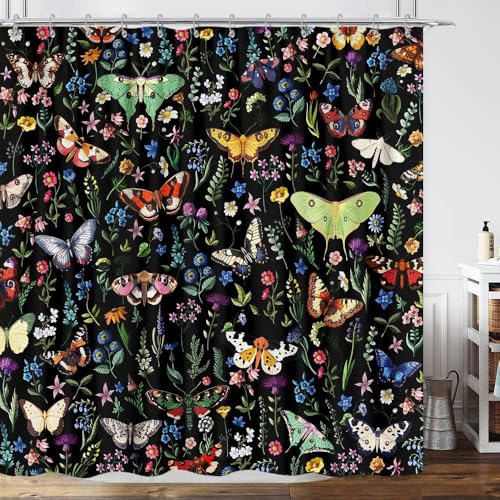 Boho Butterfly Floral Shower Curtain, Bright Abstract Bohemian Plant Flower Botanical Moth Shower Curtains, Black Modern Aesthetic Chic Fabric Shower Curtain Bathroom Accessories 12 Pack Hooks, 60X72