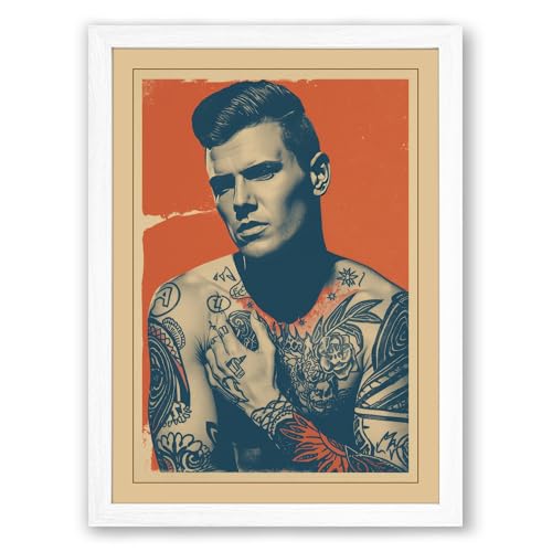 Tattooed Man in Red Modern Framed Wall Art Print A4 (29.7×21cm) White, Wall Decor for Living Room, Bedroom, Office & Home, Ready to Hang, Art Gift