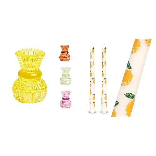 Small Yellow Glass Candle Holder & Lemon Tapered Dinner Candles Easter Bundle