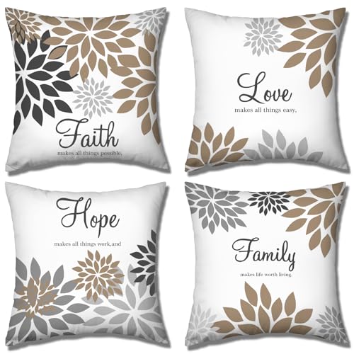 Tatuo 4 Pcs Flower Pillow Covers Square Summer Pillow Cushion Cases 18 x 18 Inch Family Faith Hope Love Words Decorative Spring Winter Cushion Case for Bed Couch Sofa Living Room(Brown Series)
