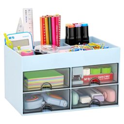 LETURE Desk Organizer Office Desktop Organizer with Drawer, Desk Top Accessories Stationary Organizer Desk Caddy, Pen/Pencil/Business Card/Sticky Note Tray/Paperclip Holder Storage Box (Blue)