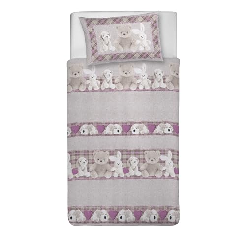PENSIERI DELICATI Single Duvet Cover Set, 100% Cotton, Complete with 1550 x 200 cm Bag and 1 Pillowcase 52 x 82 cm, Made in Italy, Duvet Cover Machine Washable At 40 Degrees, Pink Plush Pattern