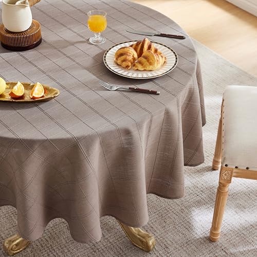 ZeeMart Linen Checked Round Table Cloth 52 Inch Cocoa Brown - Farmhouse Style Plaid Embroidered Brown Water Resistant Round Table Cover