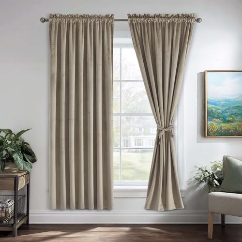 JIUZHEN Taupe Velvet Curtains for Bedroom - 63 inches Thermal Insulated Room Darkening Rod Pocket Blackout Drapes for Office/Closet, Set of 2 Panels with Tiebacks, 52W x 63L