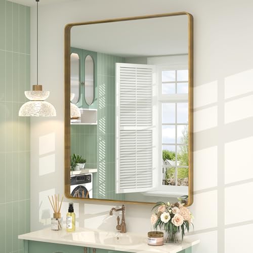 CHARMOR 26x36 Gold Framed Mirror for Bathroom, Brushed Gold Mirror with Metal Frame, Modern Rectangle Brass Vanity Mirror for Wall, Shatterproof, Anti-Rust (Horizontal/Vertical)