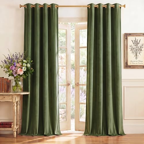 StangH Moss Green Grommet Velvet Blackout Curtains, W52 x L90, 2 Panels - Christmas Holiday Decor, 300GSM Heavy Soft Velvet, Heat Insulated, Privacy, Panels for Bedroom, Kids Room, Living Room