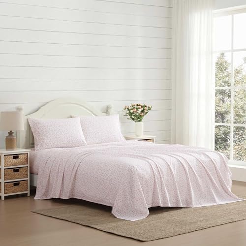 Laura Ashley - Queen Sheet Set, Crisp & Cool Cotton Percale Bedding for Year Round Comfort, Deep Pocket, Bed Sheets with Matching Pillowcases (Little Ditsy Pink)