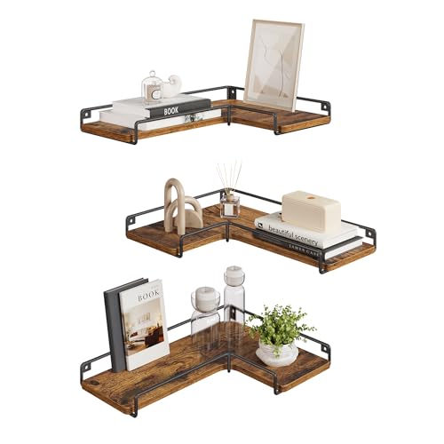 VASAGLE Floating Shelves, Set of 3, L-Shaped Corner Shelves for Wall, Industrial Style, for Living Room, Bedroom, Kitchen, Rustic Brown LLS833KD01