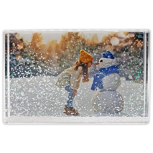 Glitter Photo Frame, Acrylic Picture Frame holds 10 x 15 cm (4 x 6 inch) Clear Frameless Desktop Photo Block with Glitter Snow (White) - Ideal Personalised Gifts, Stocking Fillers or Xmas Decorations