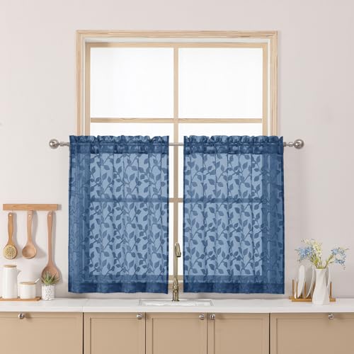 "Chyhomenyc Dusty Blue Sheer Curtains 30 Inch Length, Light Filtering Leaf Tufted Textured Small Window Kitchen Curtain Over Sink, Short Half Window Curtains for Bathroom Basement, 30""Wx30""L, 2 Panels"