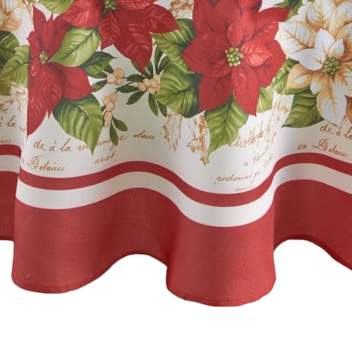 "Elrene Red and White Poinsettia Fabric Christmas Tablecloth, Polyester, 84"" x 60"" (Oval)"