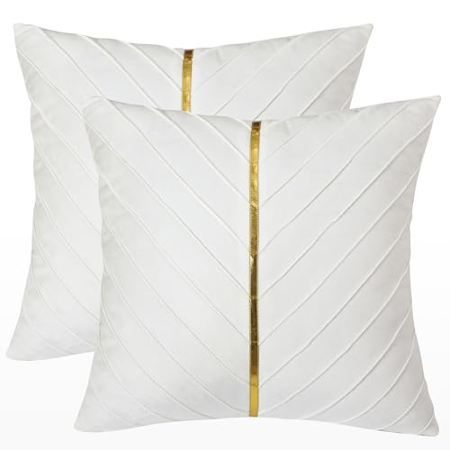 Tosleo White Velvet Throw Pillow Covers 18x18 inch Pack of 2 with Gold Leather Christmas Decorative Couch Pillow Cover Luxury Modern Pillowcases for Living Room Bedroom Sofa Cushion Bed