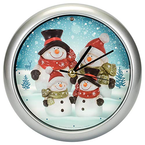 Mark Feldstein Snowman Family Winter Wonderland Round Silvertone Framed 8 Inch Musical Wall Clock