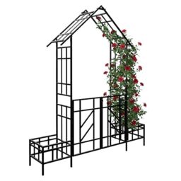 Relaxdays Rose Arch with Gate, 2 Planters, For Garden, Arch HWD: 247 x 204 x 43 cm, Iron, Black