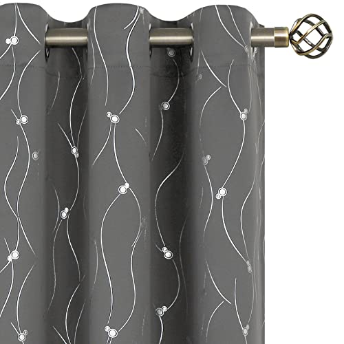 BGment Blackout Curtains with Silver Wave Line and Dots Pattern Foil Print Grommet Drapes for Bedroom Living Room, Set of 2 Panels (42 x 63 Inch, Dark Grey)