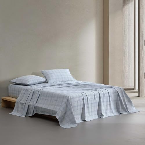 Calvin Klein - Queen Size Sheet Set, Crisp & Tailored Bedding with a Cotton Percale Lightweight Feel, Deep Pockets - Bed Sheets with Matching Fitted Sheet & Pillowcases (Multi Grid Blue)