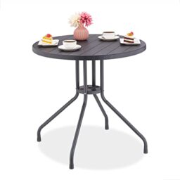 Relaxdays Garden, H x Ø: 75 x 80 cm, Wood-Look Balcony, Plastic & Steel, Round Patio Table, Grey, 75x80x80 cm