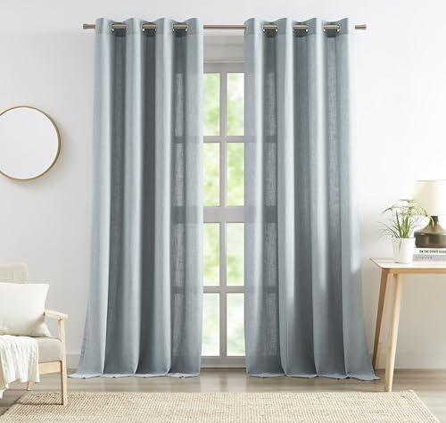 "Central Park Grommet Semi Sheer Curtain Textured Linen Blend Light Filtering Window Treatment Panel 90 Inch for Living Room Bedroom Flax Farmhouse Rustic Drape, Mist Gray/Blue, 58"" Wx90 Lx2"