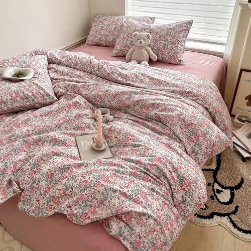 HighBuy Queen Size Comforter Pink Floral Rabbit Bedding Sets Comfy Soft Comforter Set for Queen Bed Set French Style Boho Comforters Queen with 2 Pillowcases,Smooth Soft Comforters for Girls Teen