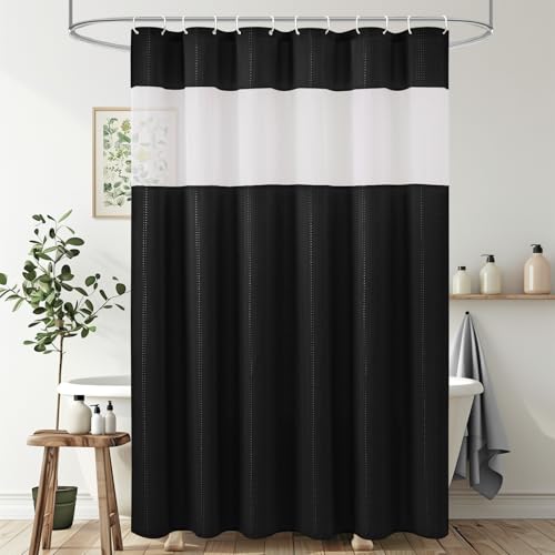 UFRIDAY Waffle Weave Shower Curtain 72x72 inch,Hotel Style Bath Curtain with Mesh Window, Heavy Duty Thick Fabric Shower Curtain for Bathroom,Washable Water Resistant???Black