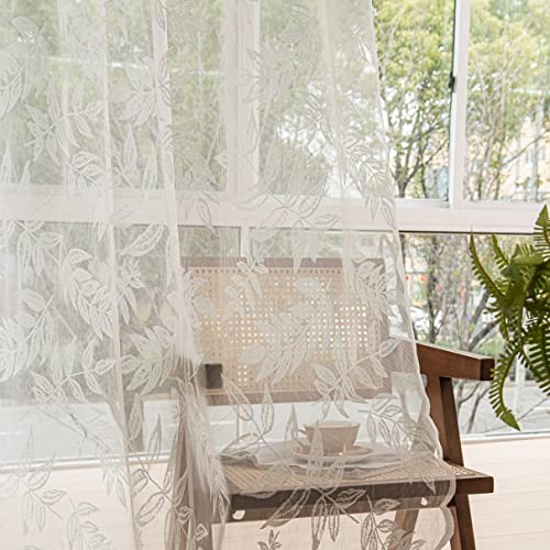 "Sutuo Home White Lace Curtains 84 Inches Long, Leaf Embroidery Window Sheer Drapes Pair Knitted, Rod Pocket Vintage Country Window Treatments Set of 2 Panels for Bedroom Living Room, 57"" W x 84"" L"