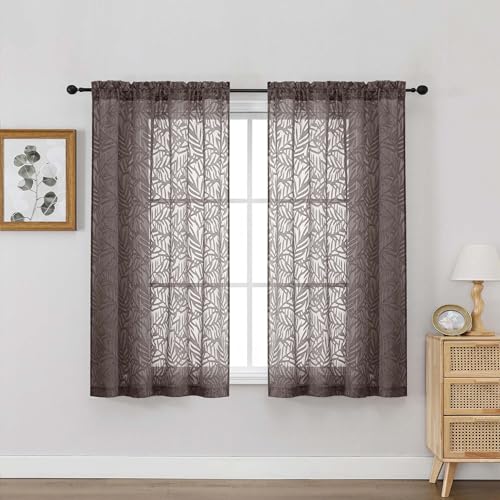 OVZME Chocolate Sheer Curtains 54 Inch Length 2 Panels, Soft Airy Light Filtering Breathable Leaf Jacquard Textured Short Drapes for Bathroom Bedroom Windows, Dual Rod Pocket, 2x42Wx54L Inches