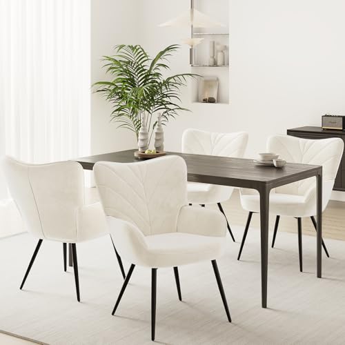 Upholstered Velvet Dining Chair with Armrests, Modern Nordic Dining Room Chair, Soft Padded Seat with Ergonomic Back, Black Metal Legs,White
