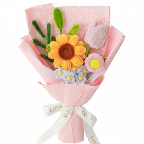 Piklado Hand-Woven Flower Bouquet Finished???1pcs??? for Mother Girlfriend Birthday Gift Wedding Decoration Crochet Artificial Flower, Bouquet Gift (Sunflower Pink)