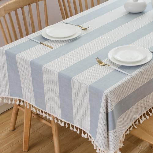"TruDelve Cloth Tablecloths Blue and White Striped Rectangular Tablecloth Oblong Cotton Tablecloths 8 Foot Table Cloths for Rectangle Tables (98""x55"", Blue)"